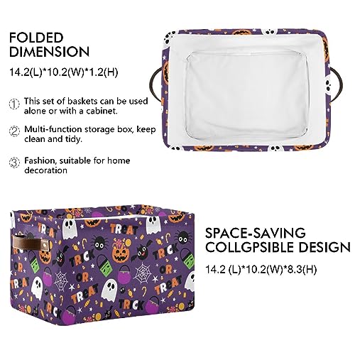 Purple Halloween Storage Basket 16x12x8 Inches Fabric Pumpkin Skull Ghost Trick or Treat Open Home Organizer - Foldable