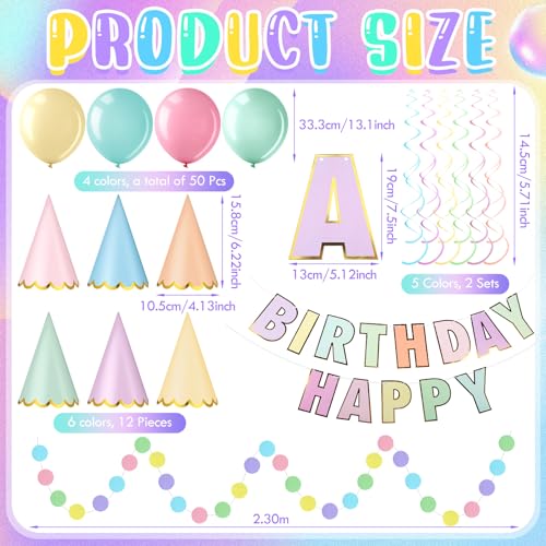 Pastel Party Hats Set for Birthdays & Celebrations - 67 Pcs with Banners Balloons & Flags