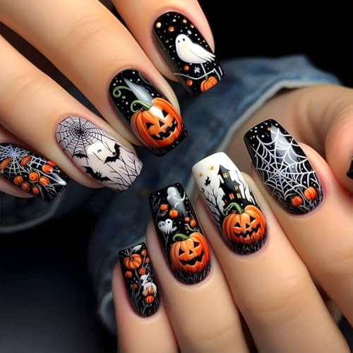 Halloween Fake Nails Press On Nails V2 - Spider Web Ghost Bat Design, Medium Square Full Cover Glossy Acrylic, 24 Pack