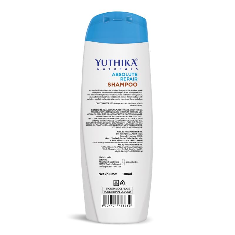 Yuthika Absolute Repair Shampoo - Nourishing Formula for Damaged Hair | 180ml with Argan Oil & Amaryllis Extract