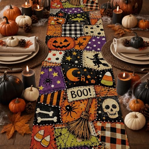 Halloween Witchy Burlap Table Runner 13x72 Inch - Seasonal Kitchen Decor