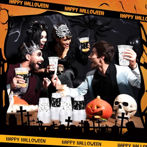 Halloween Skeleton Plastic Cups 12 oz - 100 Pack, Black & White Variation