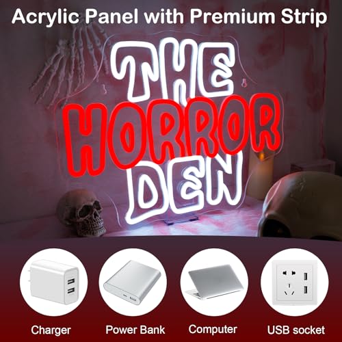 The Horror Den Neon Sign Spooky Wall Decor for Halloween Party and Horror Rooms - USB Powered
