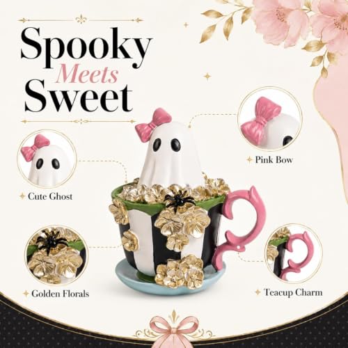 Black Ghost Figurine in Coffee Cup Halloween Decor - 5.5 Inch Resin Spooky-Cute