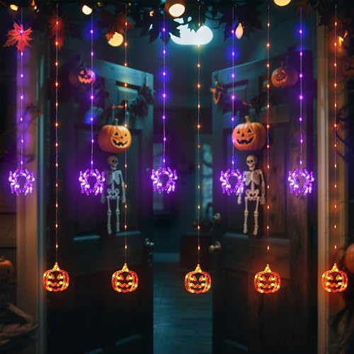 Halloween Window Curtain Lights with Spider and Pumpkin Decorations - Indoor String Lights, 8 Modes, Timer