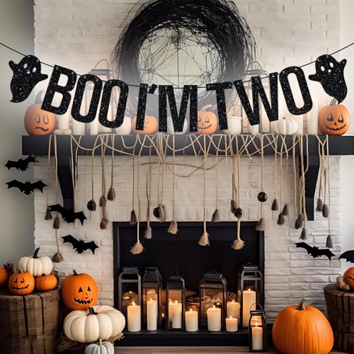 Two Boo I'm Two Banner Halloween Birthday Decorations - Black Glitter