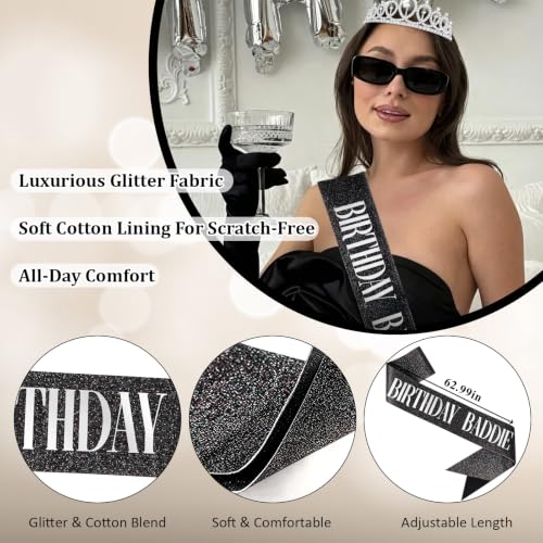 Birthday Baddie Crown and Sash Set for Women - Silver & Black, One Size