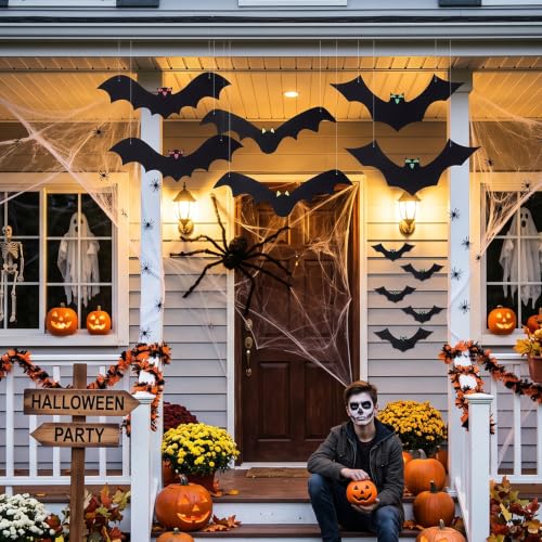 White Halloween Hanging Bats Set with Glowing Eyes - Indoor & Outdoor Party Decor