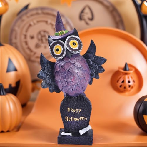 Purple Resin Owl Statue Decor Halloween Witch Hat Figurine Indoor Home Accent