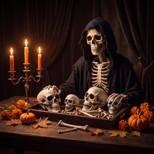 Halloween Human Skull Decor Set - Realistic Plastic Skeleton Models 8 Inch & 5.1 Inch - 4 Pieces