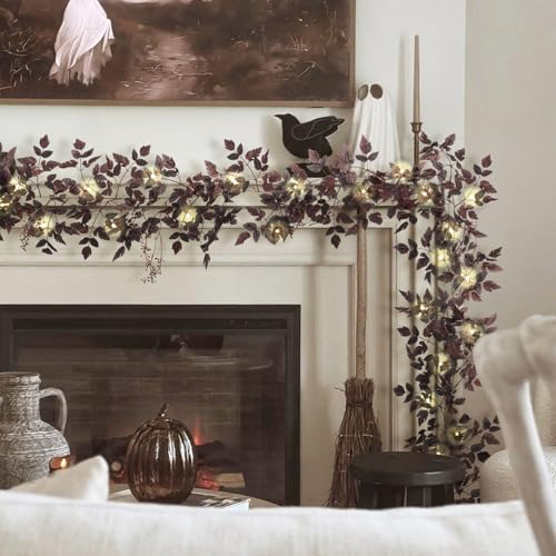 12Ft Plum Fall Garland Set - 2 Pack, Realistic Seeded Leaf Decor for Fireplace Mantle & Outdoor Halloween