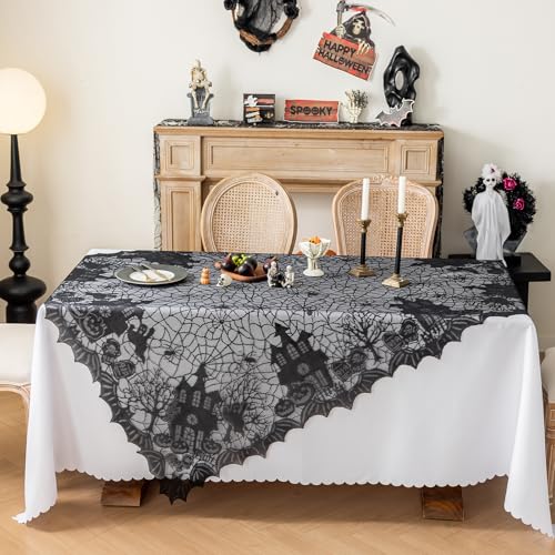 Joyfol Day Halloween Lace Tablecloth 72x54 Inch Gothic Spiderweb Castle Black