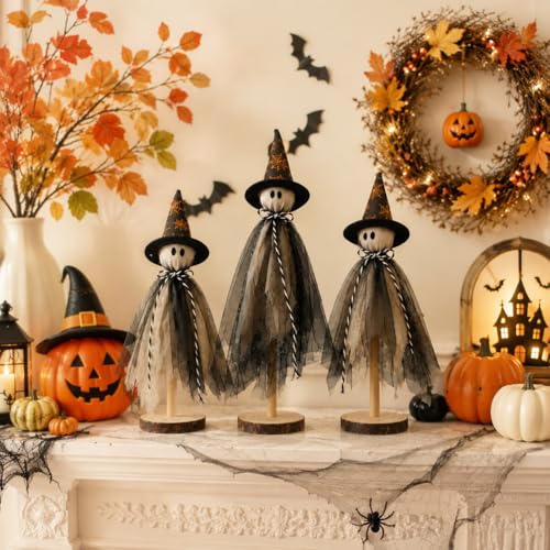 Halloween Ghost Decorations Set with Witch Hats - Rustic Wooden Shelves, Indoor Tabletop Halloween Decor