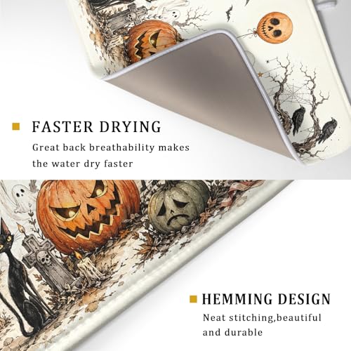 Halloween Pumpkin Ghost Dish Drying Mat - Black Cat Microfiber Kitchen Pad 18x24 Inch