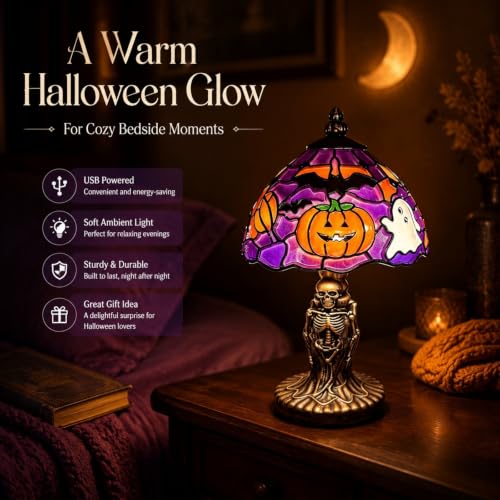 Skeleton Table Lamp - Handcrafted Halloween Painted Lamp with Bat and Pumpkin Motif