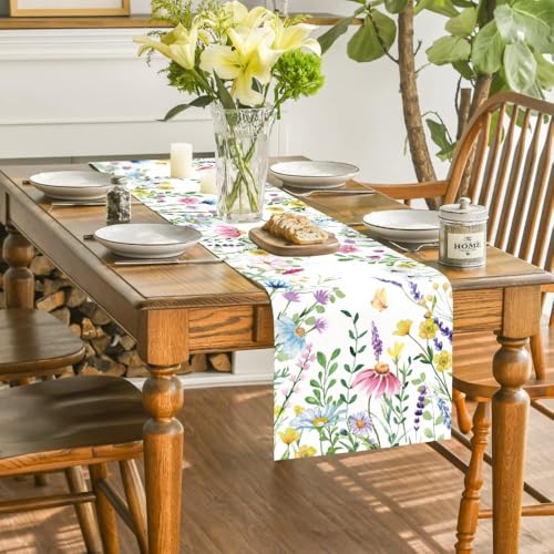 13x90 Inch Floral Table Runner Beige Eucalyptus Lavender Summer Dining Decor