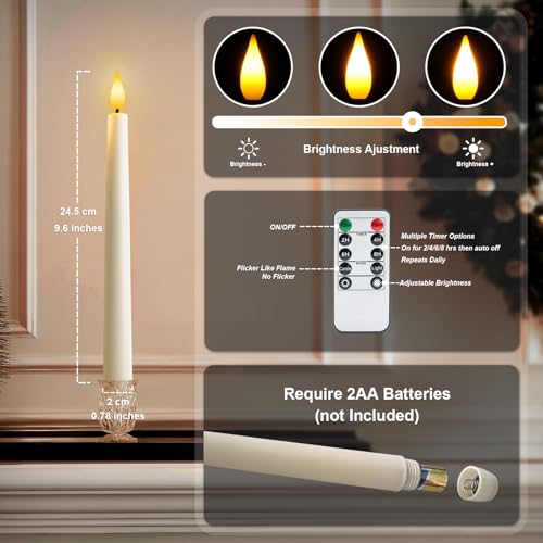 Ivory Flameless Taper Candles with Remote & Timer - 12 Pack, 9.6 Inch LED Window Candlesticks