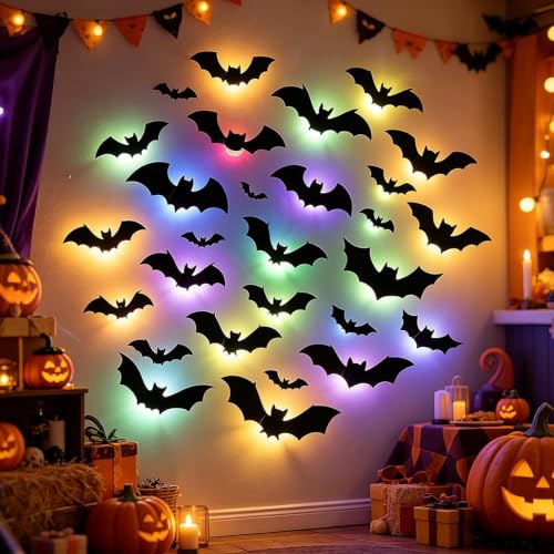 Halloween Bat Wall Stickers 48 Pack with Colorful LED Lights - 3D Glowing Gothic Decorations, Style2-48pcs