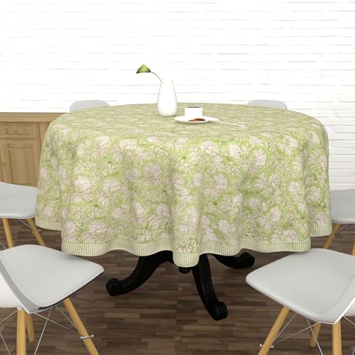 Mint Blossom Tablecloth - 90 Inch Round 100% Cotton Hand Block Print - Farmhouse & Holiday Decor