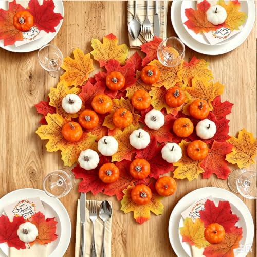 Mini Foam Pumpkins and Maple Leaves Fall Decor Set - White, Orange, Yellow, Speckled