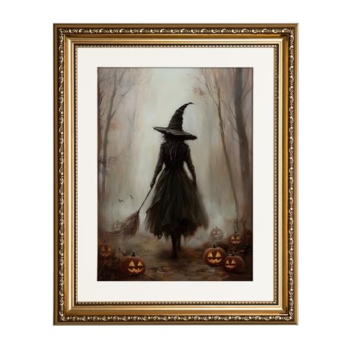 Halloween Witch Canvas Wall Art - Foggy Forest Scene, 16x13 Inches - Framed Print - Dark Gothic Home Decor - Variation of Witch in Foggy