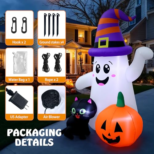5 Ft Halloween Inflatable Ghost with Pumpkin and Black Cat – Indoor/Outdoor Decor with LED Light