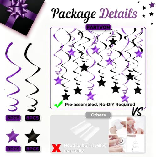 Purple Black Hanging Swirl Decorations - Metallic Foil Streamers, 36 Inch Set