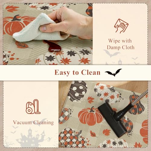 Pumpkin Checkered Fall Kitchen Mats Set of 2 Anti-Fatigue Cushioned Rugs