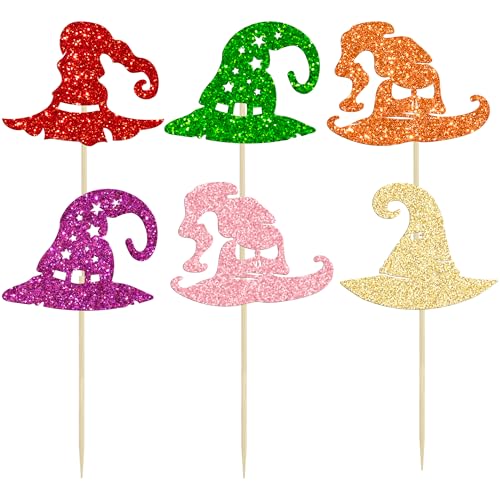 Halloween Witch Hat Cupcake Toppers - Glitter Wizard Hat Picks Style 32, 24PCS