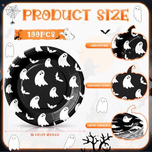 Halloween Paper Plates Ghost Bat Black 7 Inch - 100 Pack, Variation: Black Ghost Bat