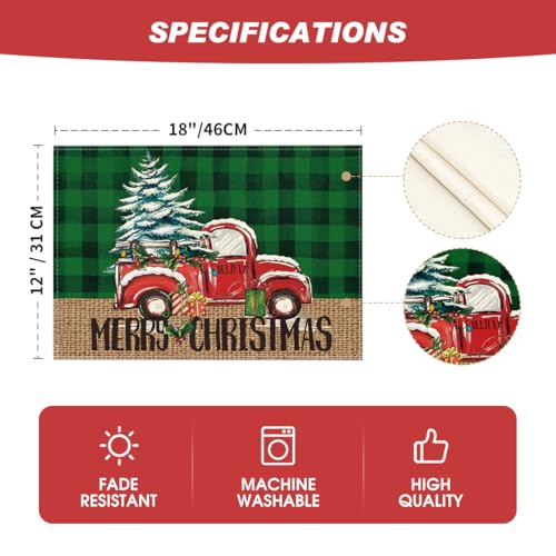 Green and Black Buffalo Plaid Truck Christmas Placemats Set of 4 - 12x18 Inch Rectangular