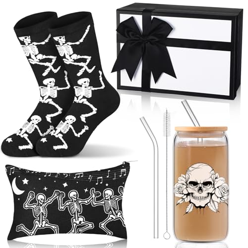 Halloween Spooky Gothic Gift Set with Skeleton Glass Cup Makeup Bag Socks & Gift Box - Gothic Halloween Decor