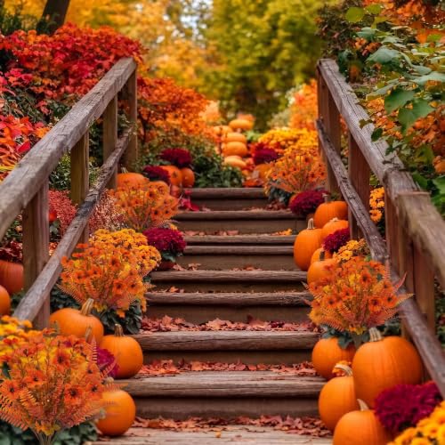 Artificial Fall Flowers for Outdoors - 12 Bundles Faux Mums, Orange Variation