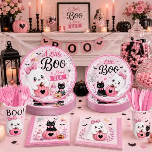 Halloween Baby Shower Decorations Set with Plates Cups Napkins and Utensils - Pink & Spooky Theme