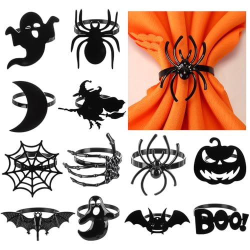 Halloween Napkin Rings Set - Black Ghost Skull Spider Web Bats Pumpkins - Spooky Table Decor