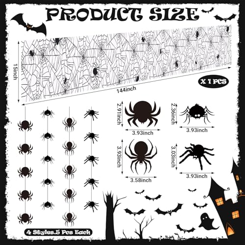 Halloween Spider Web Decorations Set - Hanging Spider Banners & Ornaments