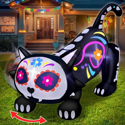 5 Ft Day of The Dead Skeleton Cat Inflatable Halloween Decor with Lights