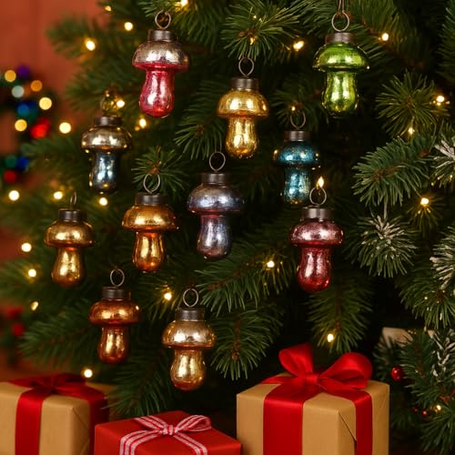 12 Pcs Distressed Glass Mushroom Christmas Tree Ornaments - Multicolor