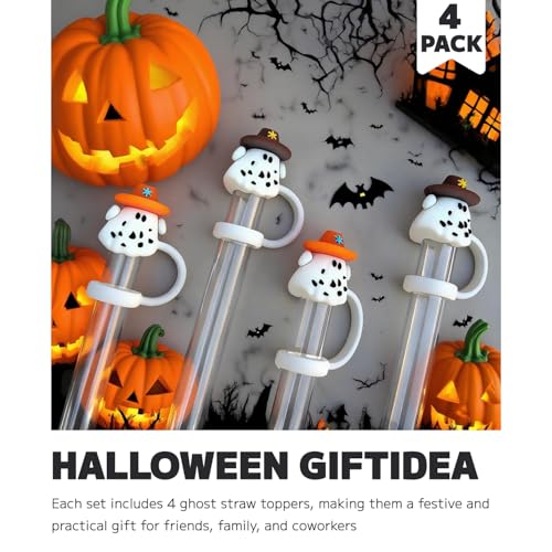 Halloween Ghost Straw Toppers - 4 Pack Reusable Silicone Drink Covers for Stanley Cups