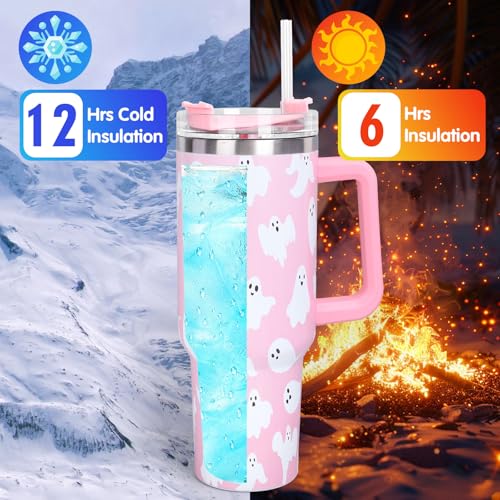 Pink Ghost Halloween Tumbler 40 oz Travel Coffee Cup with Handle & Straw