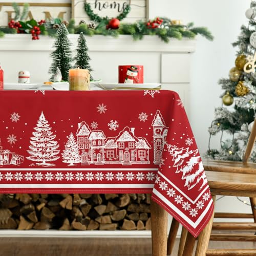 Christmas Tablecloth 60 x 104 Inch Rectangular Red Snow House Holiday Decor