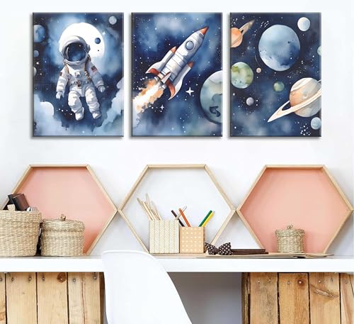 Nursery Space Wall Art - Astronaut Space Posters for Boys Room, 12x16 Blue Canvas Set of 3
