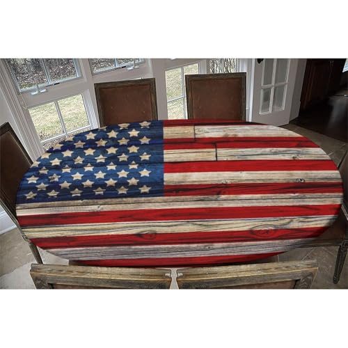 Custom Fitted Oval Tablecloth with American Flag - 60 x 42 Inch, Elastic Edge, Personalized Picnic & Party Cover