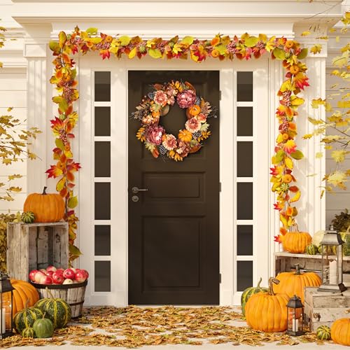 28-Inch Artificial Peony and Pumpkin Fall Wreath with Pine Cones - Rustic Decor