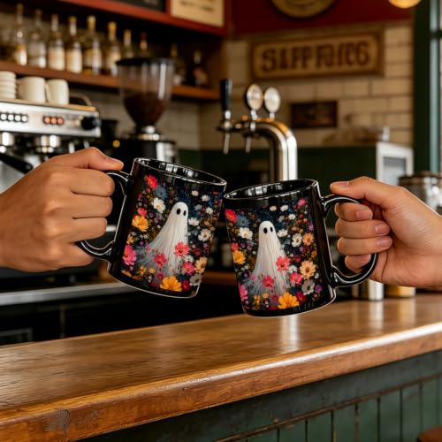 Dark Wildflower Ghost Halloween Mug - Holiday 02, 11oz Ceramic Coffee Cup