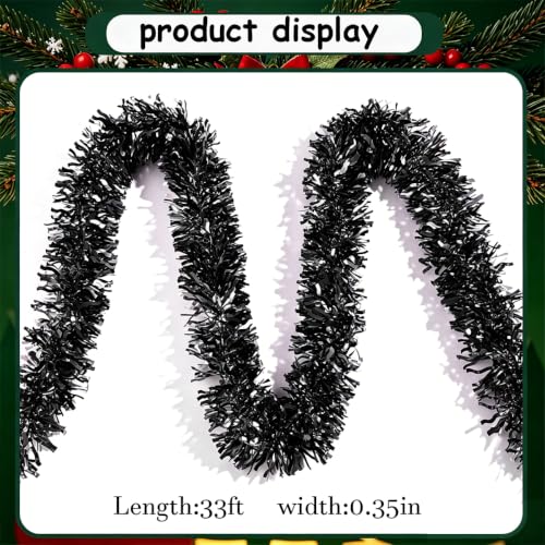 Black Christmas Tinsel Garland - 33FT Shiny Metallic Wavy Foil Decor