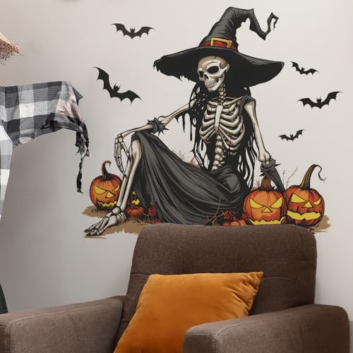 Halloween Witch Skeleton Wall Decals - Removable Skull Stickers with Bats & Pumpkins, Black & Orange Variation