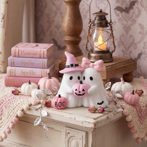 Pink Halloween Ghost Figurine - Resin Decor with Pumpkin & Witch Hat - Variation: Ghost