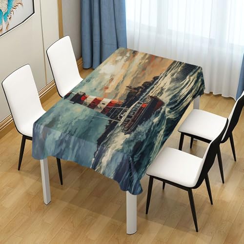 Nautical Lighthouse and Boat Tablecloth - Rectangular 90x60 Inches