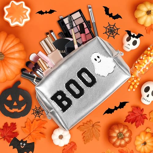 Halloween Makeup Bag with Chenille Patch - Silver - Large Travel Cosmetic Organizer